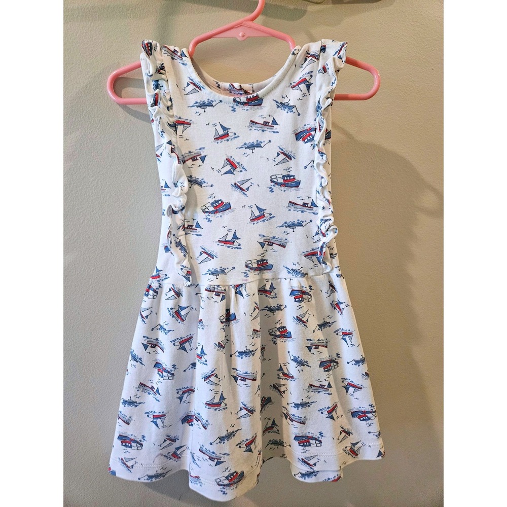 Bella Bliss Girls‎ Size 4 Sailboat Nautical Ruffle Cotton Dress White Blue Red